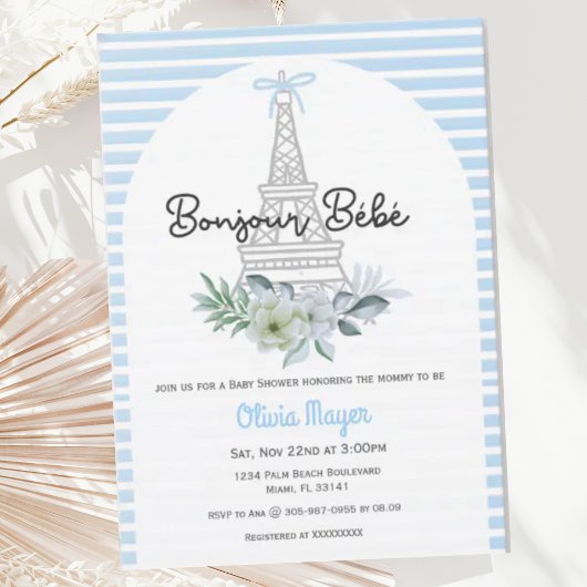 Invitation Bonjour Bebe French Paris Blue Boy Baby shower