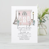 Invitation Bonjour Bébé French Paris Café Baby shower rose (Debout devant)