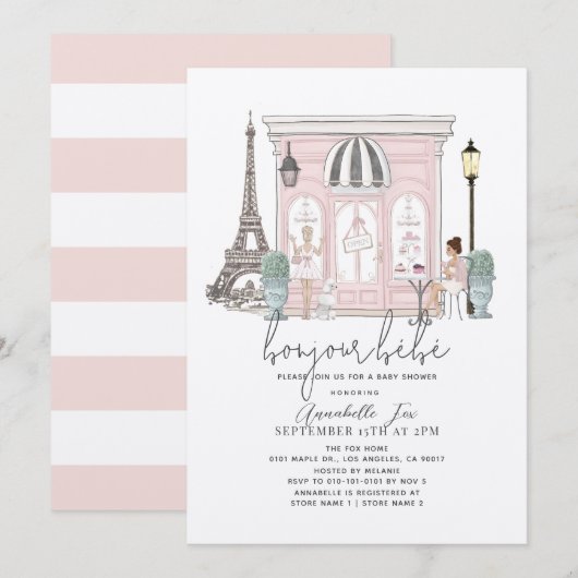 Invitation Bonjour Bébé French Paris Café Baby shower rose (Devant / Derrière)
