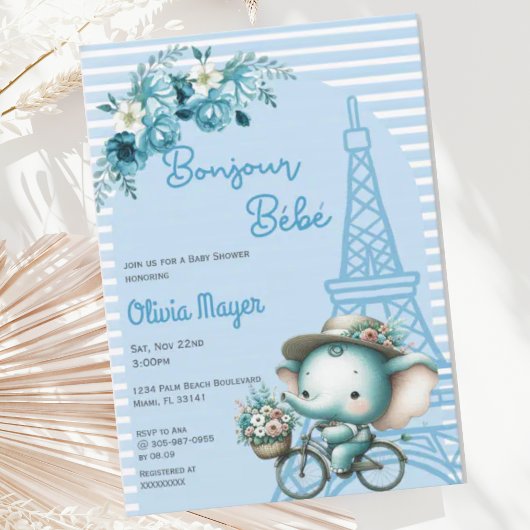 Invitation Bonjour Bebe French Paris Elephant Baby shower