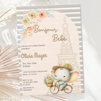 Invitation Bonjour Bebe French Paris Elephant Baby shower