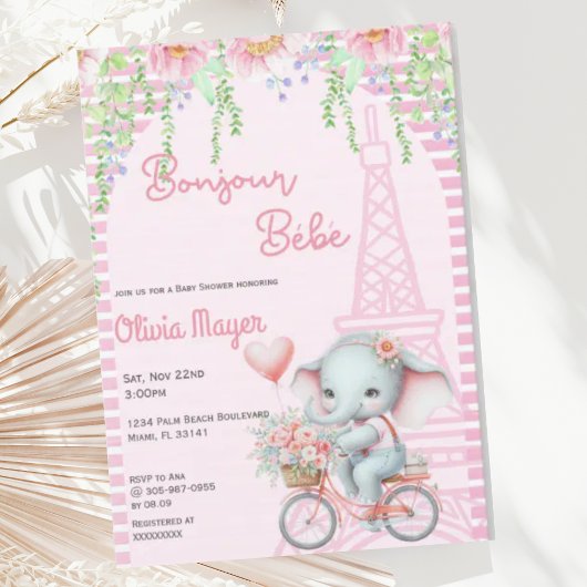 Invitation Bonjour Bebe French Paris Elephant Baby shower