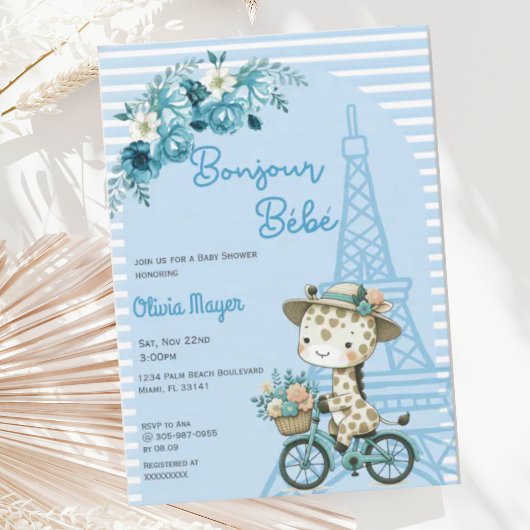 Invitation Bonjour Bebe French Paris Giraffe Baby shower bleu