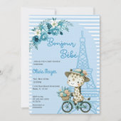Invitation Bonjour Bebe French Paris Giraffe Baby shower bleu (Devant)