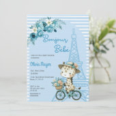 Invitation Bonjour Bebe French Paris Giraffe Baby shower bleu (Debout devant)