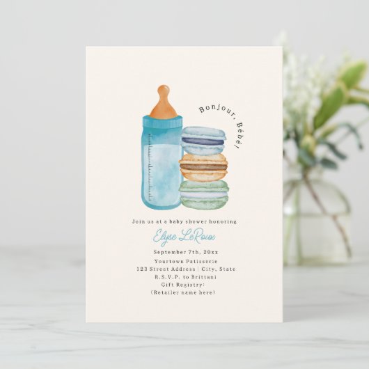 Invitation Bonjour Bébé Macarons & Lait Bleu Baby Shower (Debout devant)