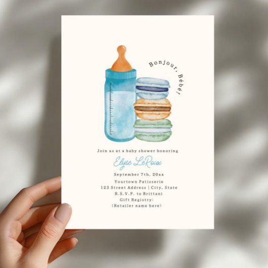 Invitation Bonjour Bébé Macarons & Lait Bleu Baby Shower