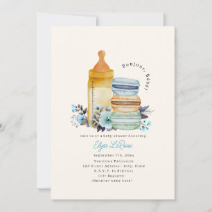Invitation Bonjour Bébé Macarons Lait Floral Bleu Baby Shower