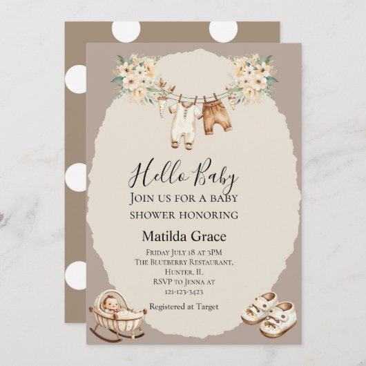 Invitation Bonjour Bébé mignon Beige neutre (Devant / Derrière)