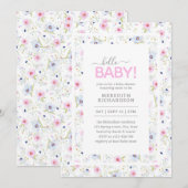 Invitation Bonjour Bébé mignon Floral Rose Bleu Baby shower f (Devant / Derrière)