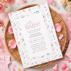 Invitation Bonjour Bébé Mignon Floral Rose Bleu Fille Baby Sh