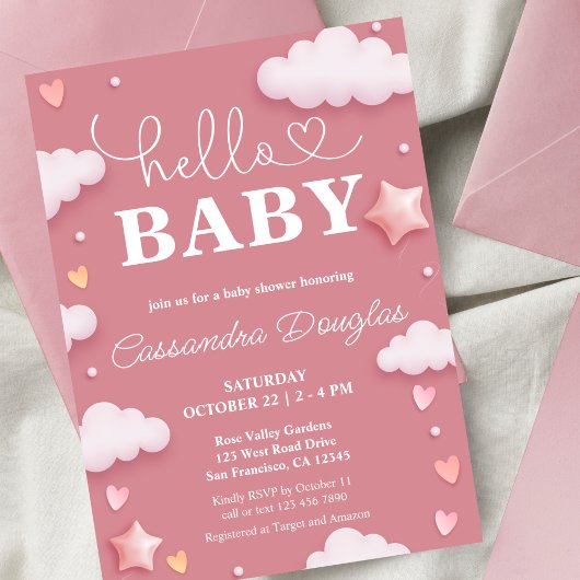 Invitation Bonjour bébé nuages roses Baby shower moderne
