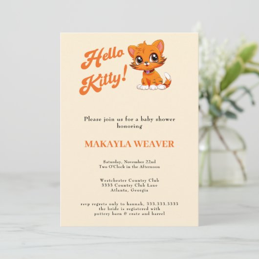 Invitation Bonjour bébé Orange Script Baby shower chat (Debout devant)