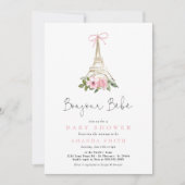 Invitation Bonjour Bebe Paris Baby shower Eiffel rose françai (Devant)