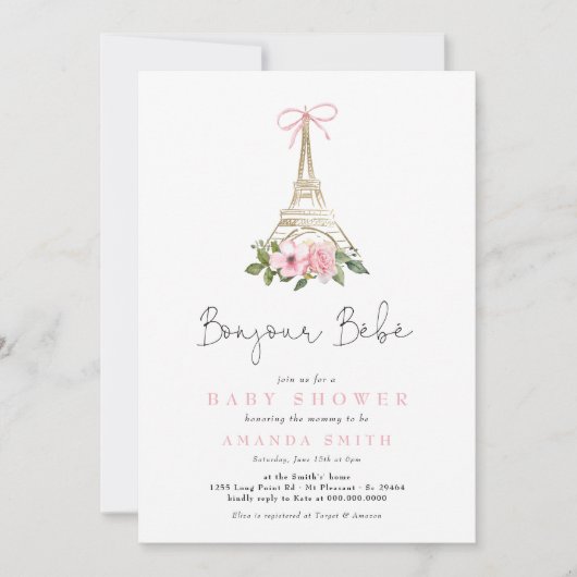 Invitation Bonjour Bebe Paris Baby shower Eiffel rose françai (Devant)
