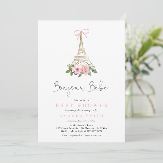 Invitation Bonjour Bebe Paris Baby shower Eiffel rose françai (Debout devant)