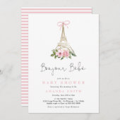 Invitation Bonjour Bebe Paris Baby shower Eiffel rose françai (Devant / Derrière)
