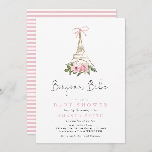 Invitation Bonjour Bebe Paris Baby shower Eiffel rose françai (Devant / Derrière)