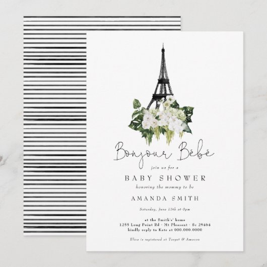 Invitation Bonjour Bebe Paris Baby shower Floral Blanc França (Devant / Derrière)
