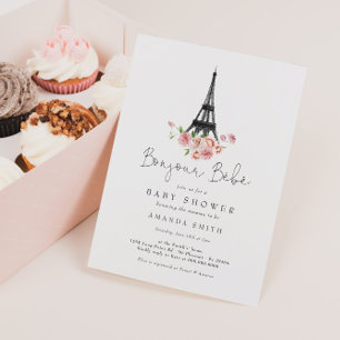 Invitation Bonjour Bebe Paris Baby shower Floral rose françai