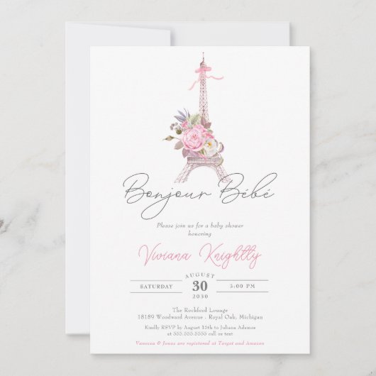 Invitation Bonjour Bebe Paris Eiffel Baby shower aux fleurs r (Devant)