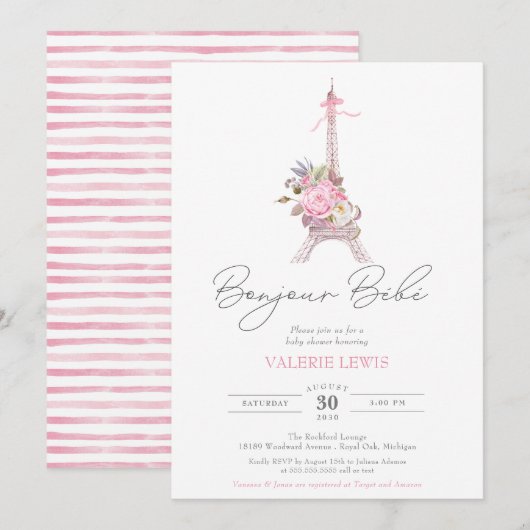 Invitation Bonjour Bebe Paris Eiffel Baby shower Floral rose (Devant / Derrière)