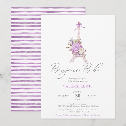 Invitation Bonjour Bebe Paris Eiffel Purple Floral Douche (Devant / Derrière)