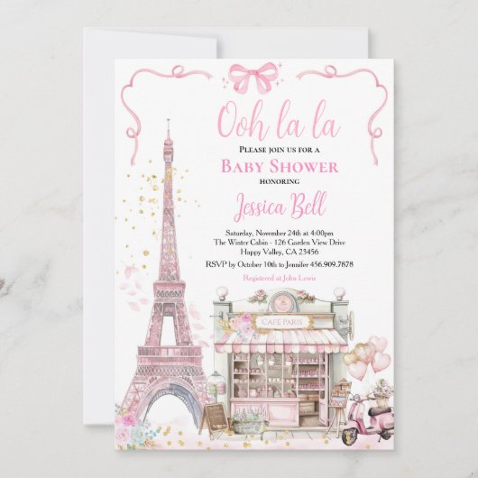 Invitation Bonjour Bebe Paris Fille Baby shower rose Eiffel (Devant)