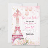 Invitation Bonjour Bebe Paris Fille Baby shower rose Eiffel (Devant)