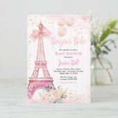 Invitation Bonjour Bebe Paris Fille Baby shower rose Eiffel (Debout devant)