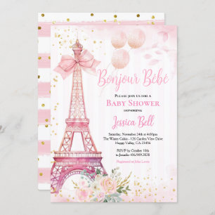 Invitation Bonjour Bebe Paris Fille Baby shower rose Eiffel