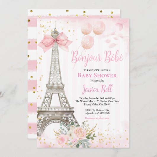 Invitation Bonjour Bebe Paris Fille Baby shower rose Eiffel (Devant / Derrière)