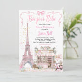 Invitation Bonjour Bebe Paris Fille Baby shower rose Eiffel (Debout devant)