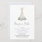 Invitation Bonjour Bebe Paris Français Blue Eiffel Baby showe (Devant / Derrière)