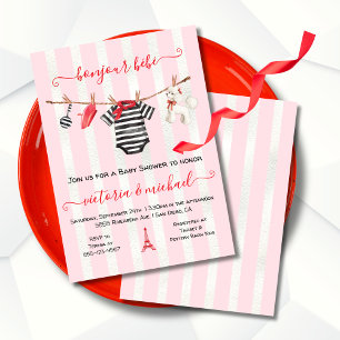Invitation Bonjour Bebe Paris France Baby shower Clothesline