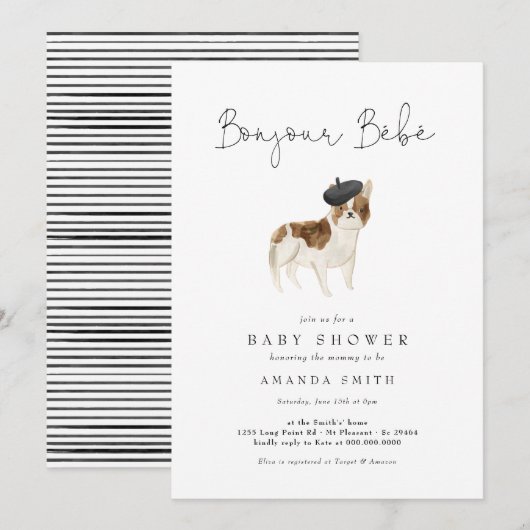 Invitation Bonjour Bebe Paris French Bulldog Baby shower (Devant / Derrière)