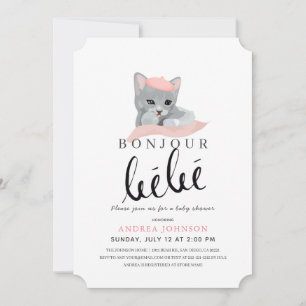 Invitation Bonjour Bebe Pink Beret Cat Girl Baby shower