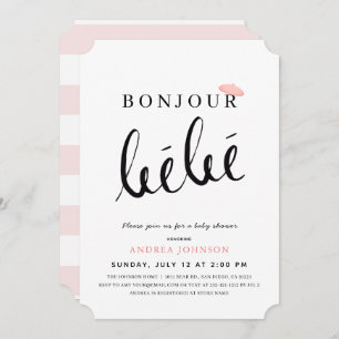 Invitation Bonjour Bebe Pink Beret Simple Girl Baby shower