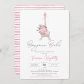 Invitation Bonjour Bebe, Pink Floral Eiffel Paris Baby shower (Devant / Derrière)