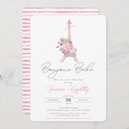 Invitation Bonjour Bebe, Pink Floral Eiffel Paris Baby shower (Devant / Derrière)
