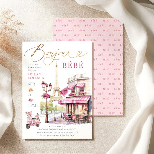 Invitation Bonjour Bebe Pink Paris Café Baby shower