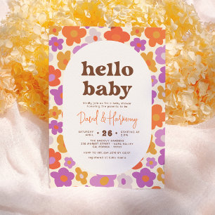 Invitation Bonjour bébé rétro Daisy orange et violet Baby Sho