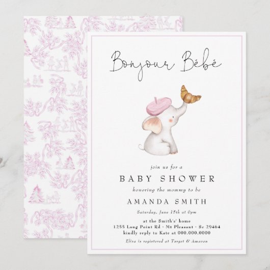 Invitation Bonjour Bebe Romantique Français Baby shower fille (Devant / Derrière)