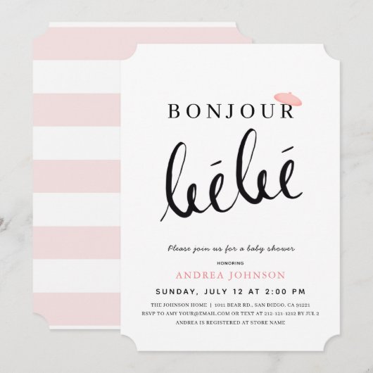 Invitation Bonjour Bebe rose Beret Simple Baby shower fille (Devant / Derrière)