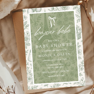 Invitation Bonjour Bebe Sage Green Toile Baby shower français