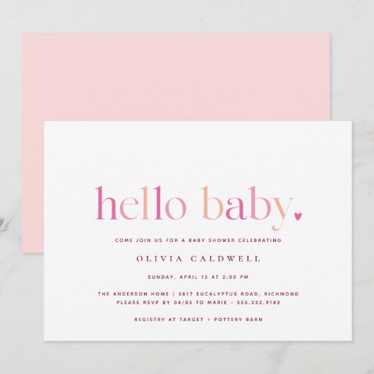 Invitation Bonjour bébé | Simple Baby shower de fille rose co (Devant / Derrière)