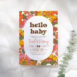 Invitation Bonjour bébé | Super Baby shower Boho Fleurs Rétro<br><div class="desc">Invitations rétro de douche bébé avec arches modernes du milieu du siècle, motifs de puissance de fleurs, et type super. L'avant de cette carte est ornée d'un arrière - plan à motifs floraux avec une incrustation ovale blanche au centre. La palette vintage et chaleureuse des tons marron, jaune, orange, crème...</div>
