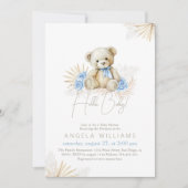 Invitation Bonjour bébé Teddy Bear Boho Blue Boy Baby shower (Devant)