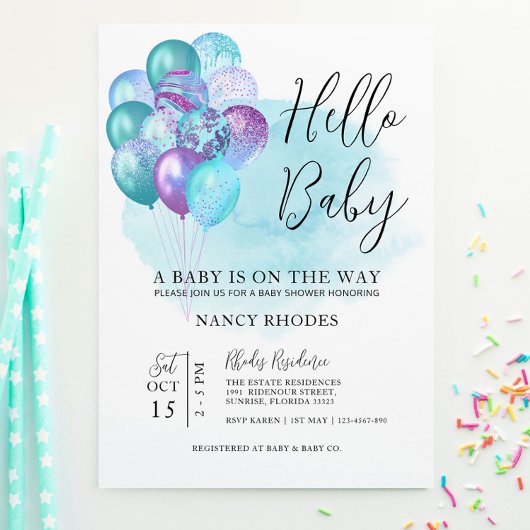 Invitation Bonjour Bébé Turquoise Baby shower pourpre