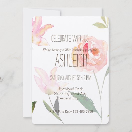Invitation Bonjour Belle aquarelle Fleur anniversaire (Devant)